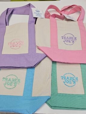 4 Pcs. Bundle Trader Joe's Canvas Shoulder Tote - Mint ,Blue, Lavender ,Pink.